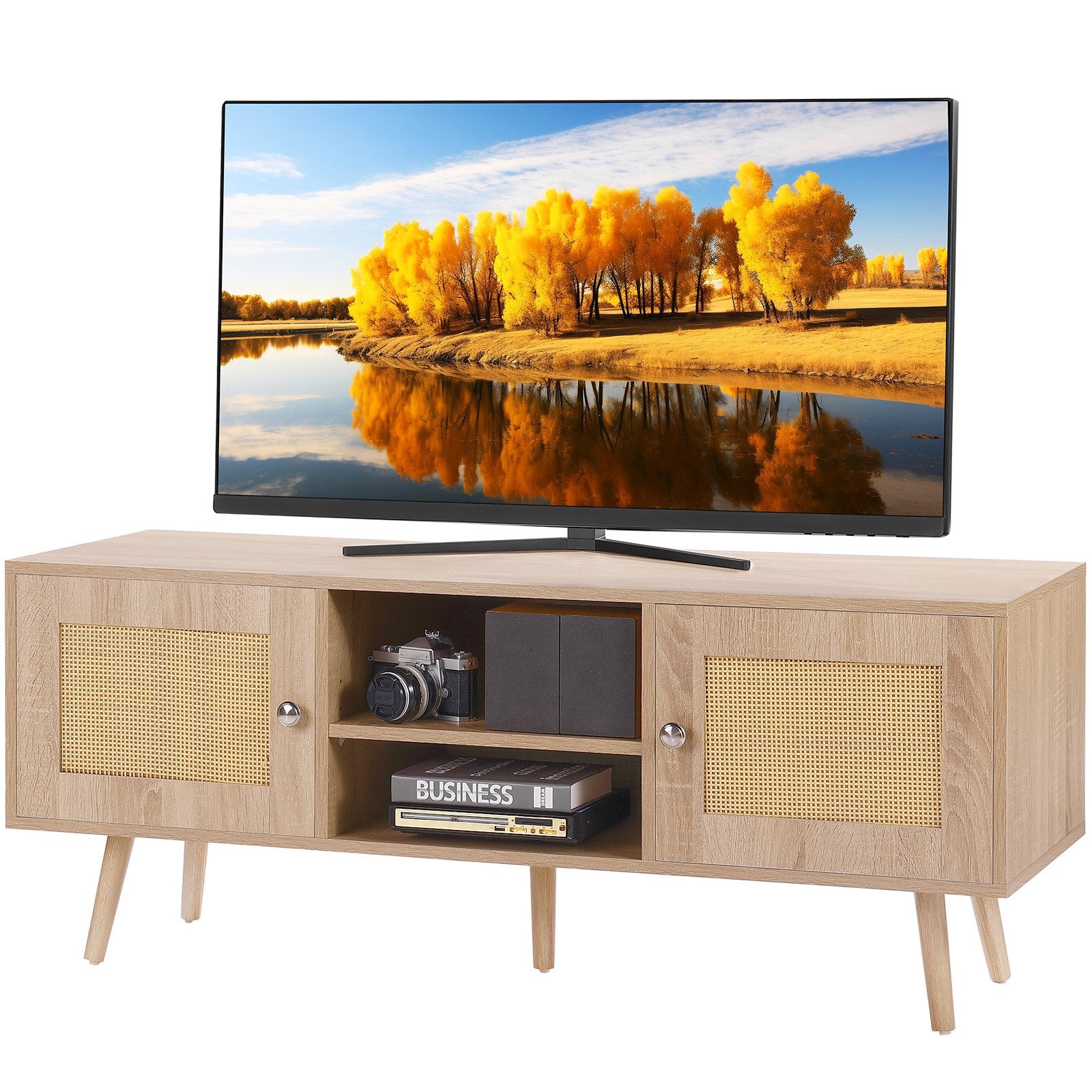 Boho Rattan and Wood TV Stand