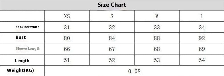 Size chart for clothing with measurements in centimeters and kilograms.