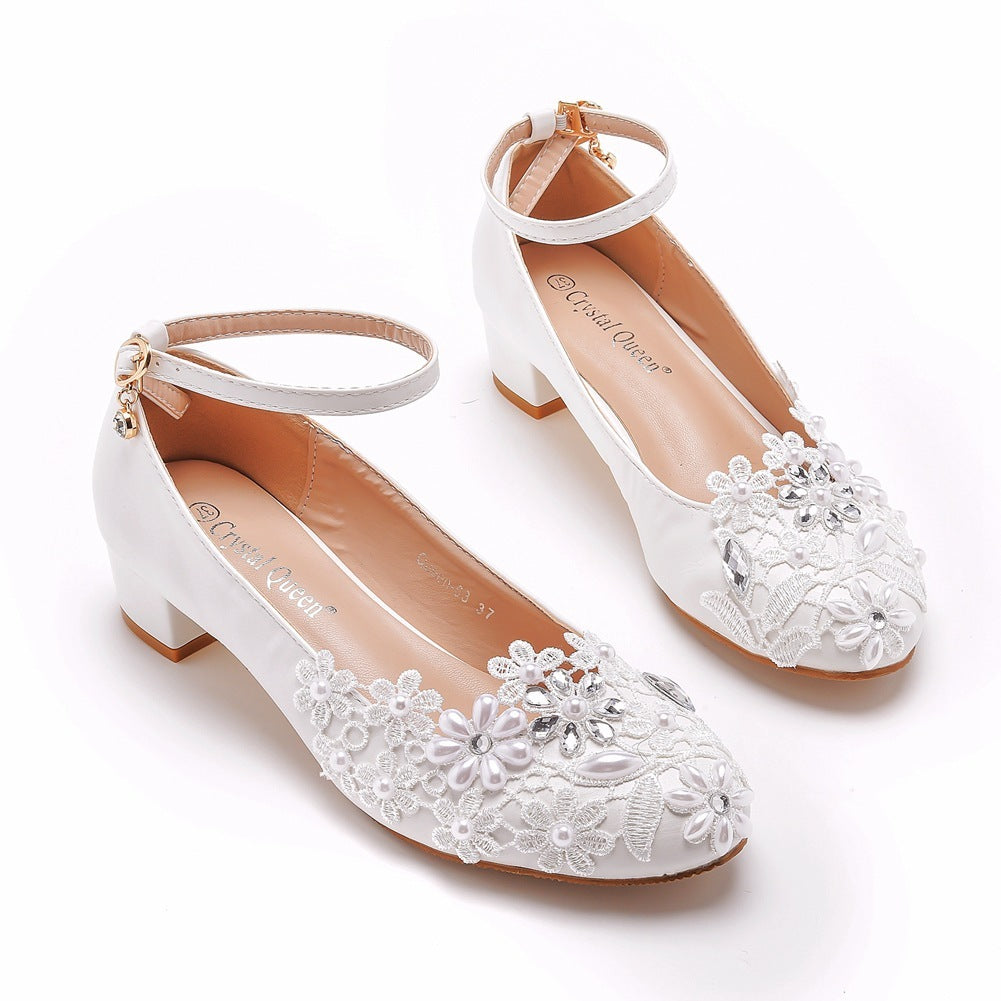 Bohemian Short-Height Bridal Heels with White Flowers