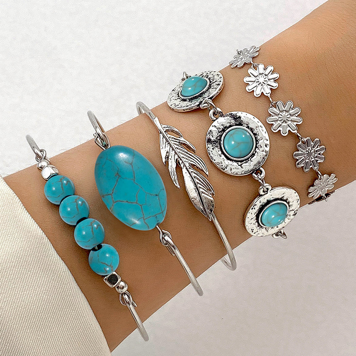 Boho Silver Bracelet Set with Stones
