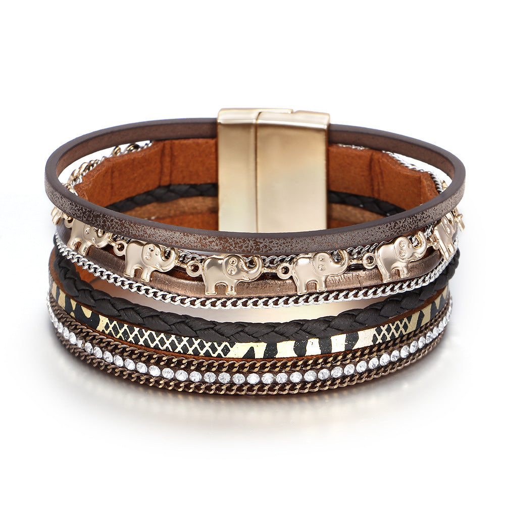 Multistrand bracelet with elephant designs on a white background