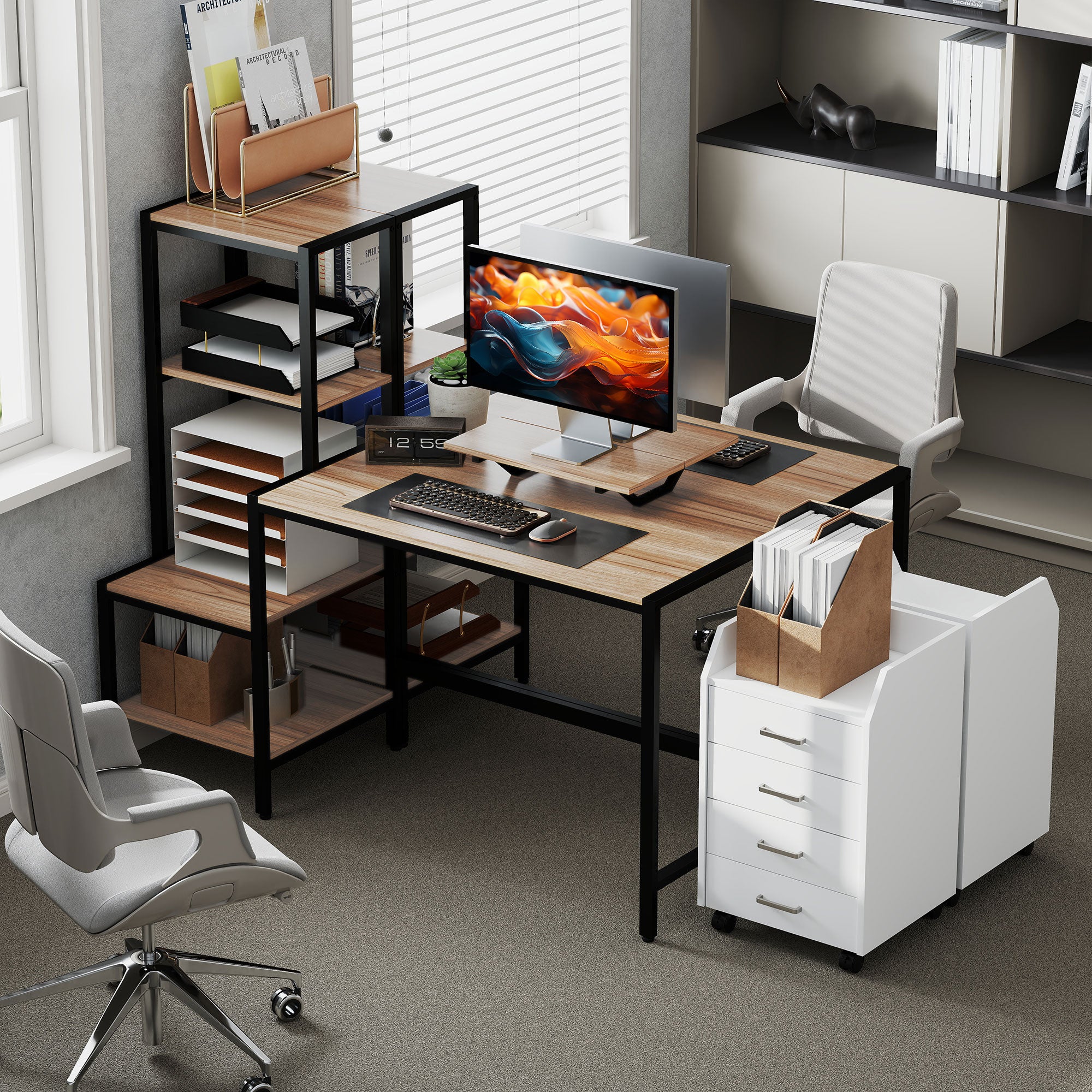 Modern office setup with a desk, computer, shelves, and chairs.