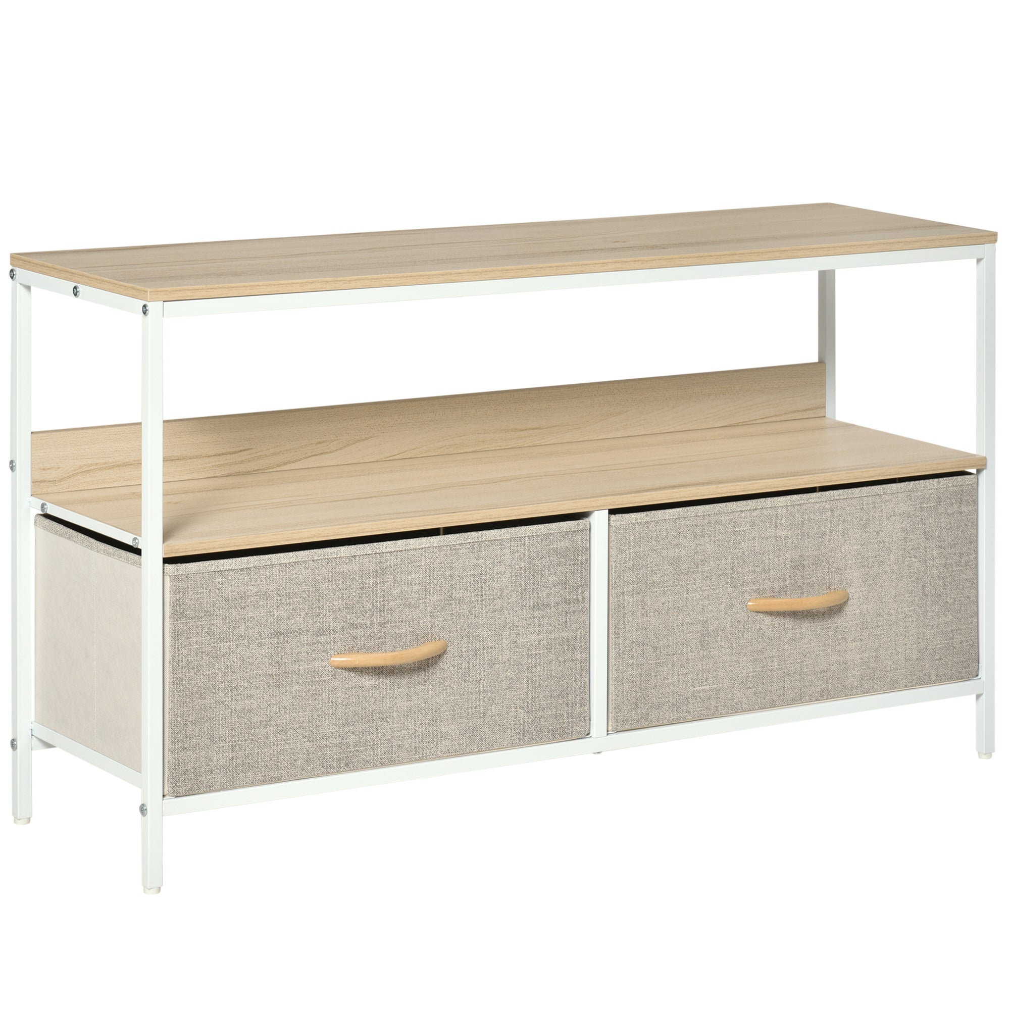 Wooden TV stand with storage drawers on a white background