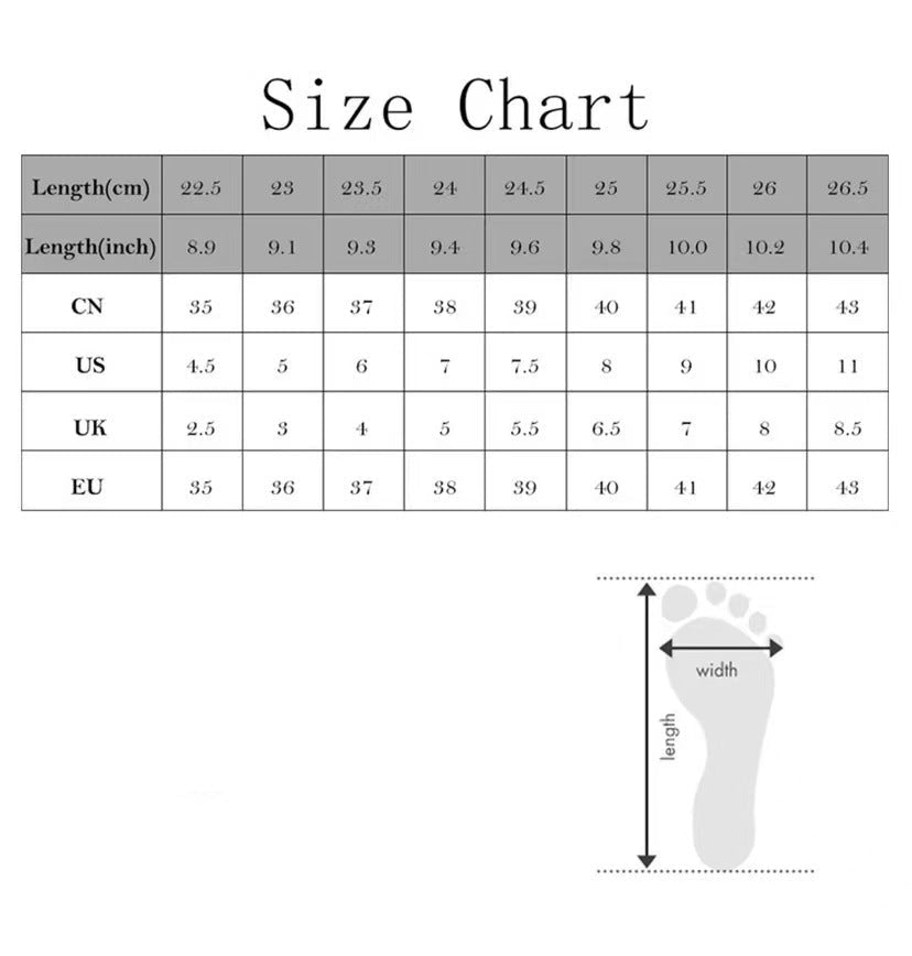 Size chart for shoes with measurements in centimeters, inches, and shoe sizes.