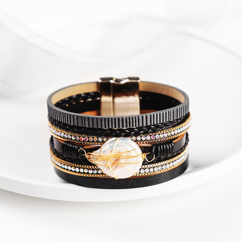 black Boho Vegan Leather Bracelet Stack