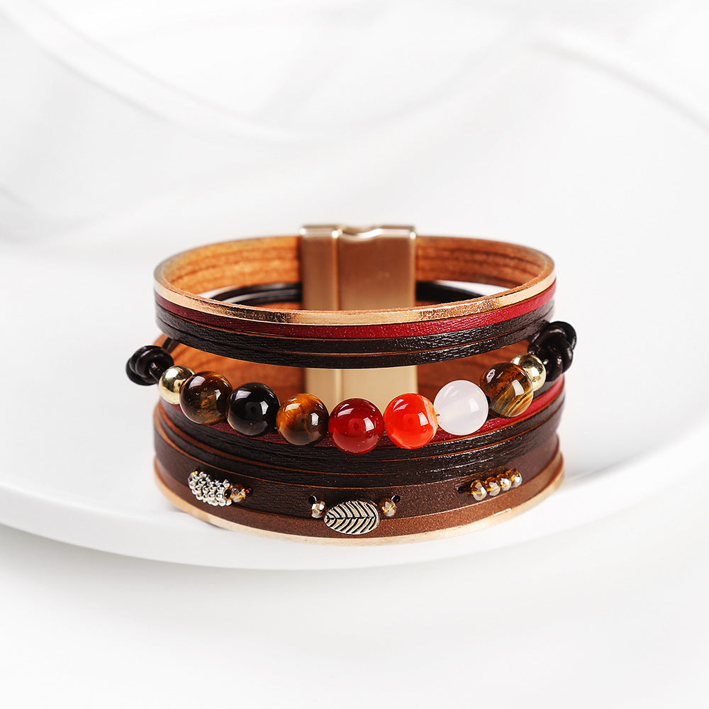 brown Boho Vegan Leather Bracelet Stack