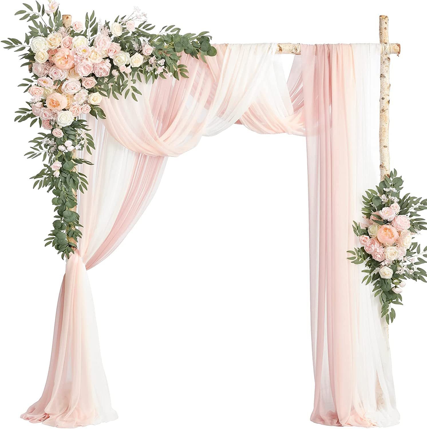 Decorative arch with pink and white drapes and floral arrangements on a white background