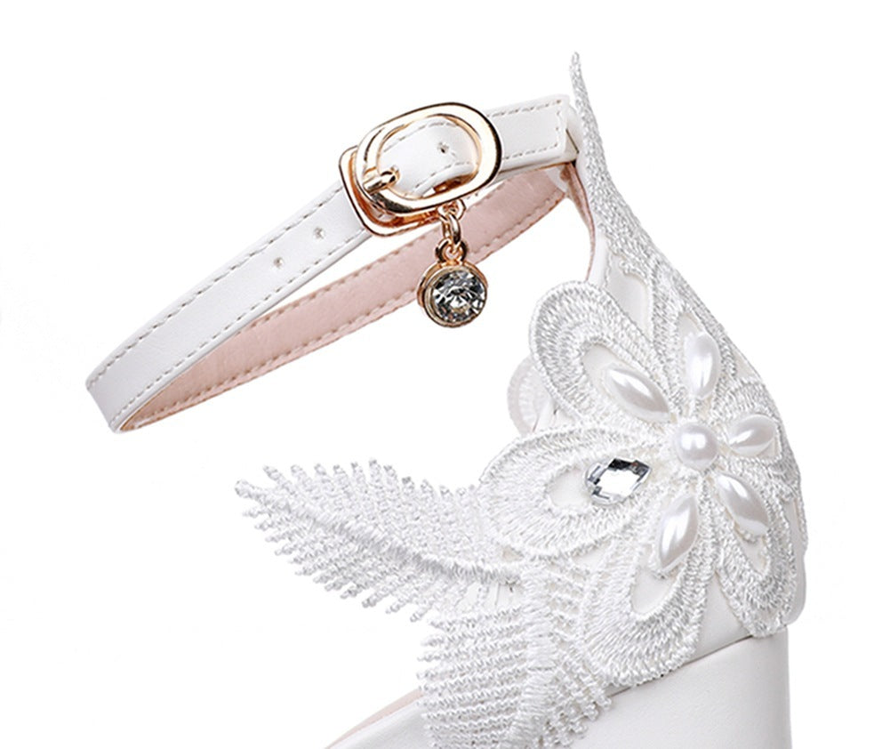 bohemian White Ankle Strap Wedding Heels with Lace Leaves