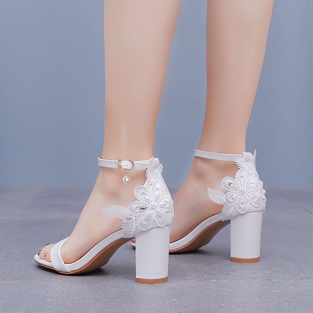 Boho White Ankle Strap Wedding Heels with Lace Leaves