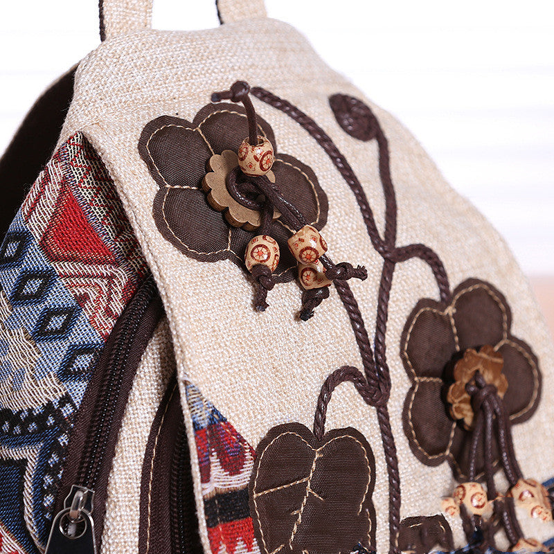 Boho White Backpack with Beaded Flower Designs