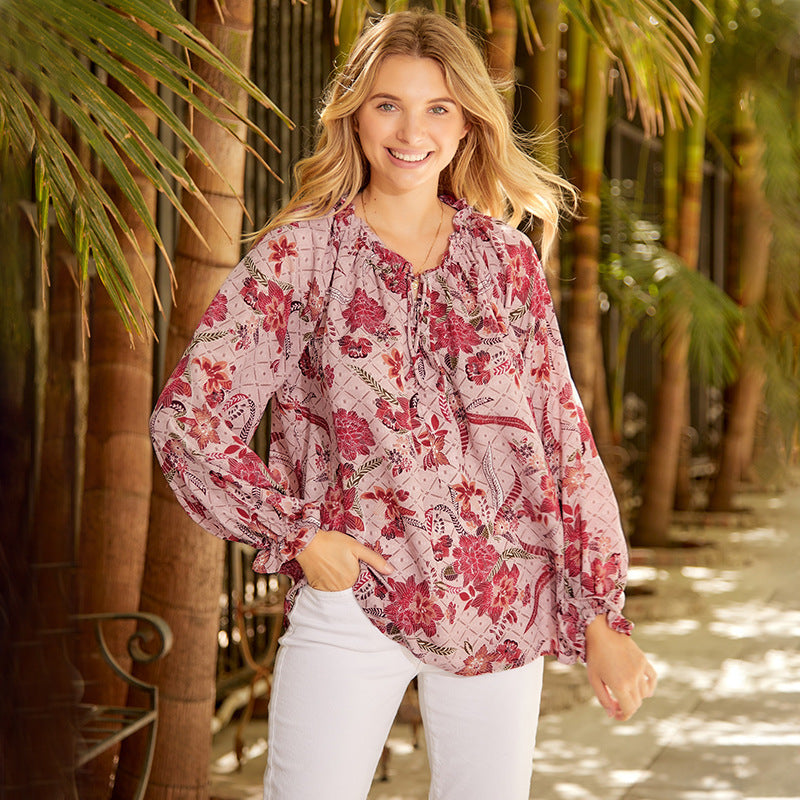 Boho Wine Red Blouse with Flowers