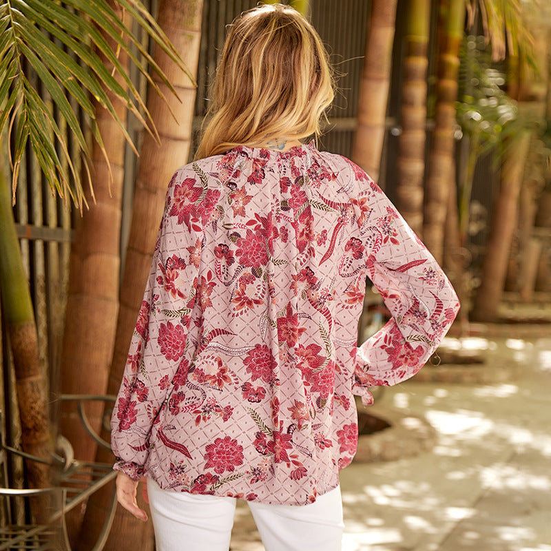 pink Boho Wine Red Blouse with Flowers