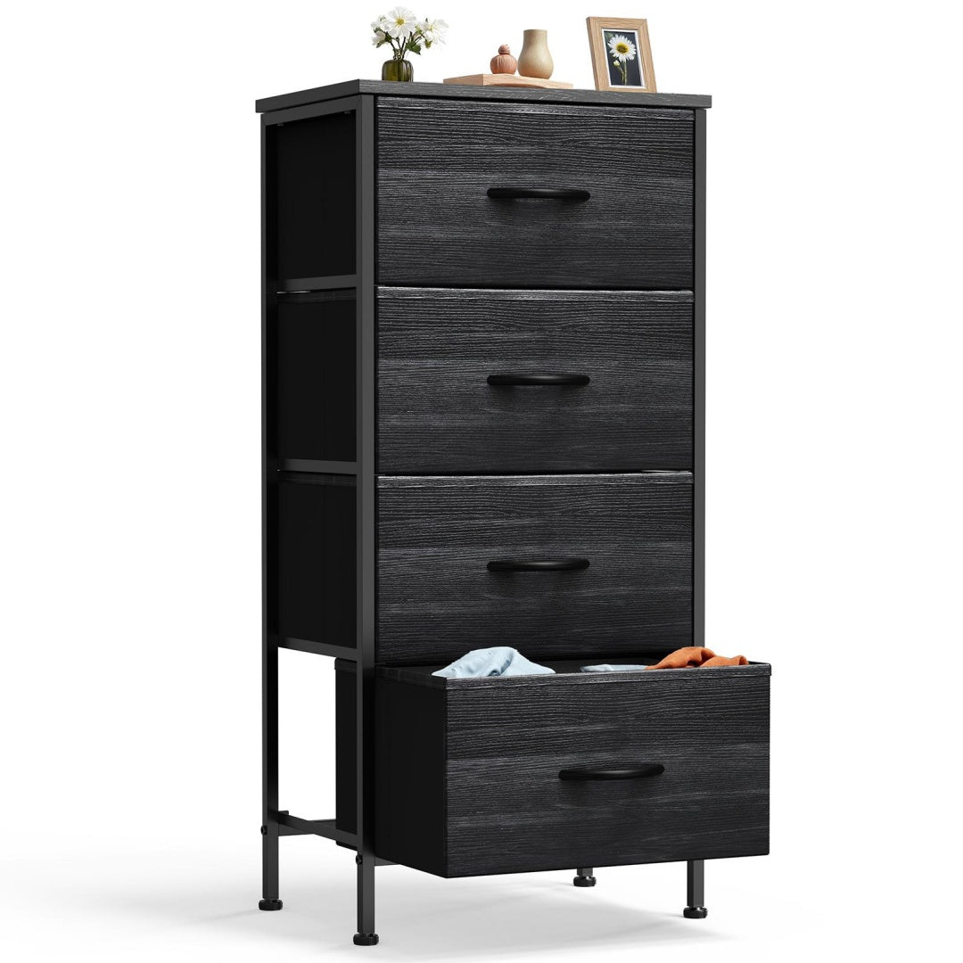 Black wooden dresser with multiple drawers on a white background