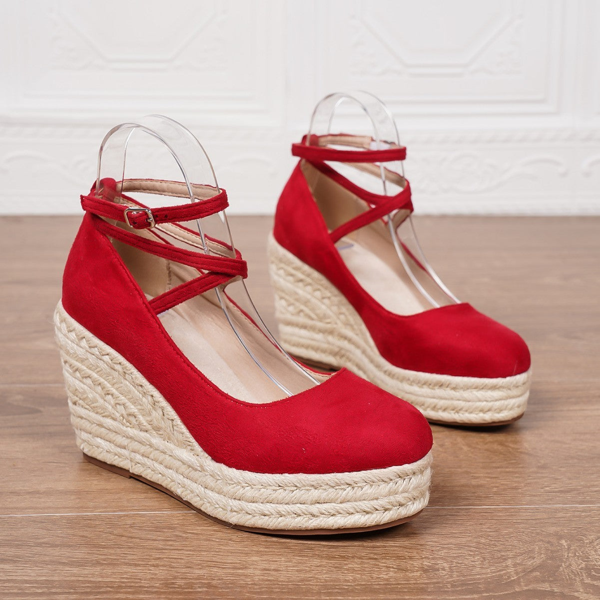 Boho Woven Wedge Heels red