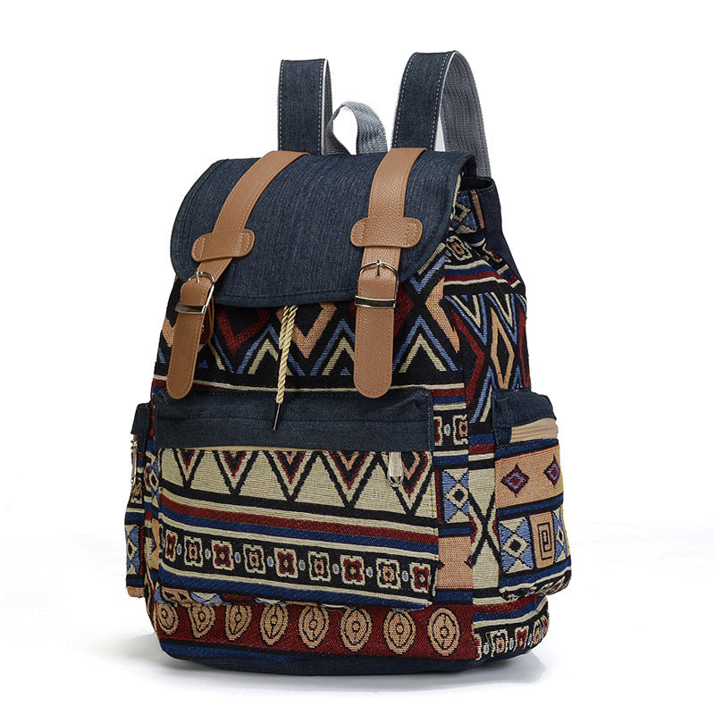 Boho harmony Pattern Denim Backpack in Blue and Brown