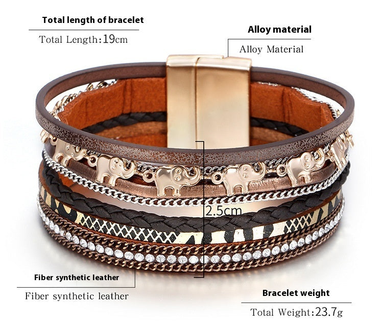 Multistrand bracelet with alloy material and fiber synthetic leather, showing dimensions and weight.