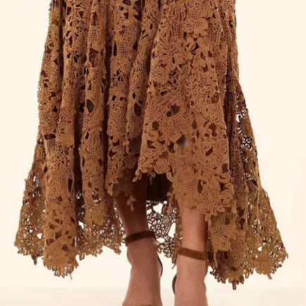 Brown Boho Embroidered Maxi Skirt
