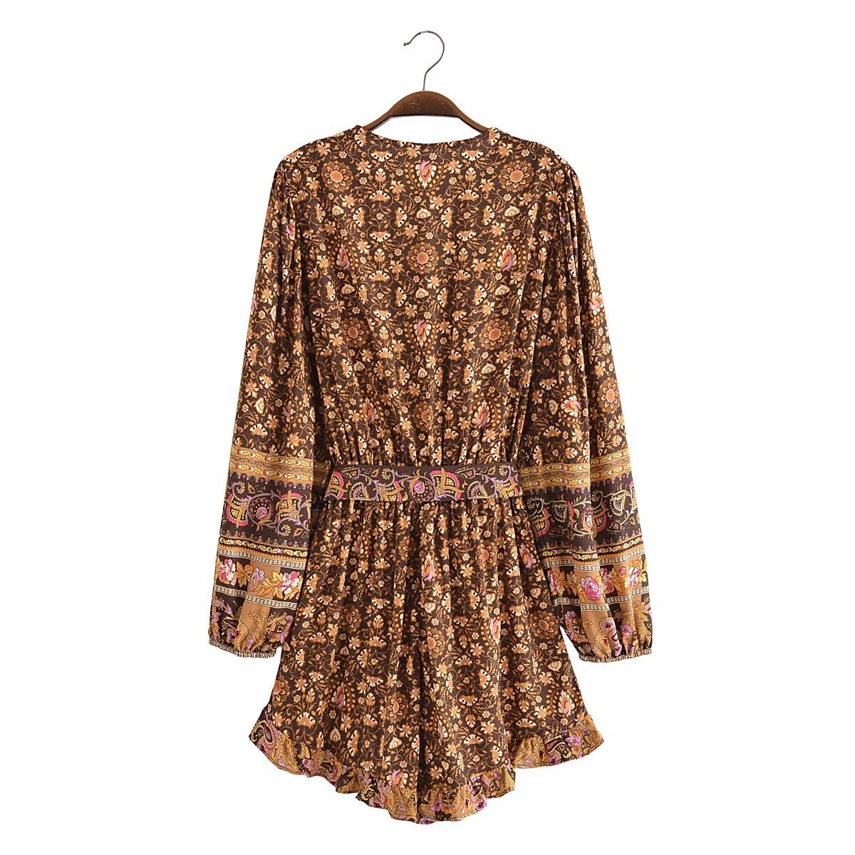 Brown Boho Print Belted Romper