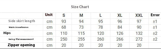 Size chart for side skirt length with measurements in centimeters and error values.