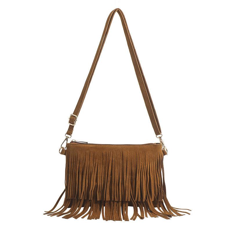 Brown Fringed Square Crossbody Bag