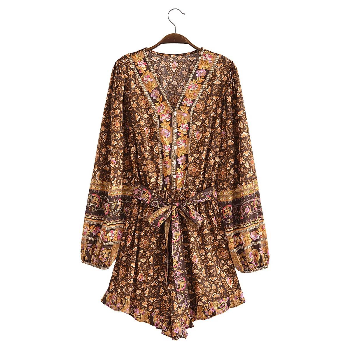 Brown Print Belt Romper
