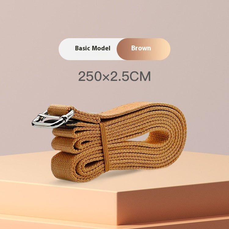 Brown belt with metal buckle on a beige platform and background