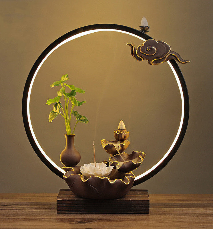 Buddhist Style Lotus Backflow Cone Incense Burner Round Waterfalls