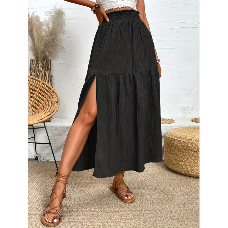 black Casual Boho Midi Skirt with Slit