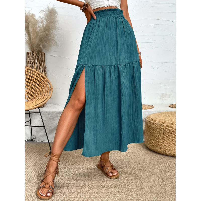 blue Casual Boho Midi Skirt with Slit