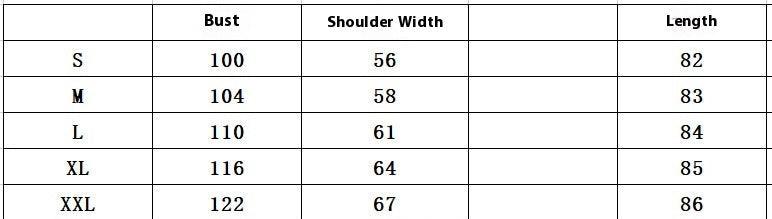Measurement chart for clothing sizes S to XXL with bust, shoulder width, and length measurements.