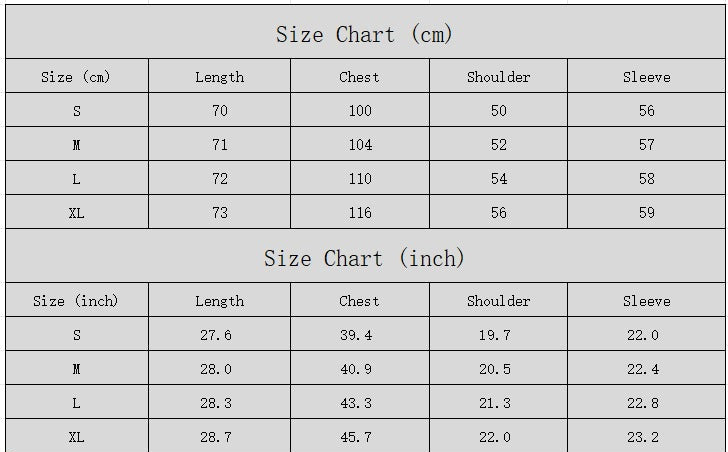 Size chart for clothing measurements in centimeters and inches.