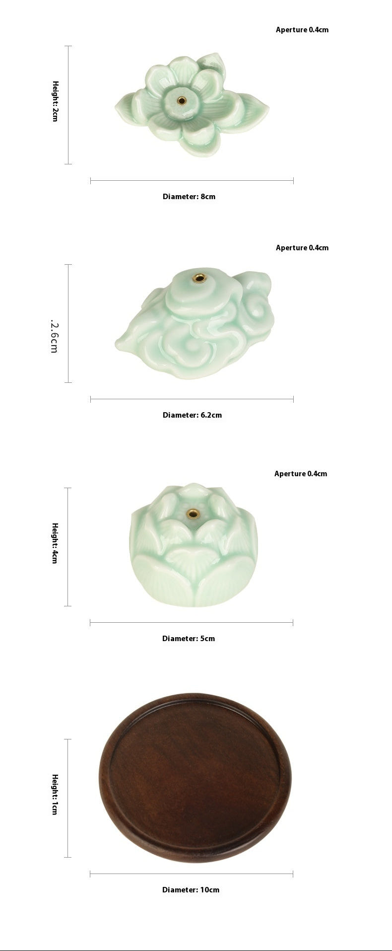 Set of ceramic items with dimensions labeled on a white background