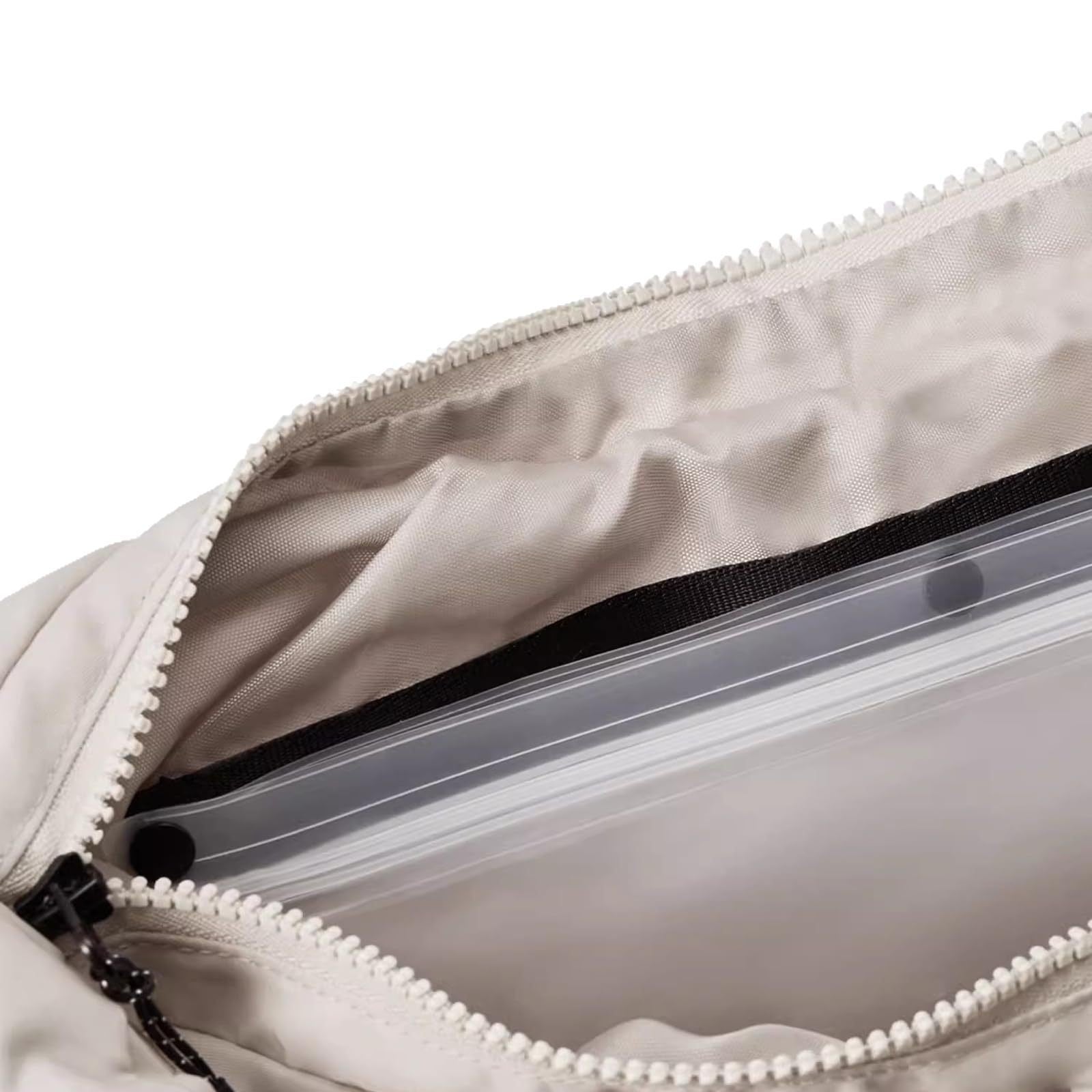 Close-up of a beige bag with a clear plastic pouch inside, on a white background