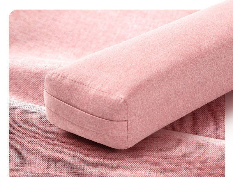 Close-up of a pink textured fabric surface with promotional text about comfort and contact experience.