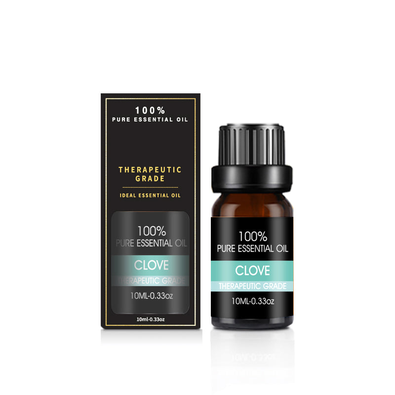 Clove essential oil bottle and packaging on a white background