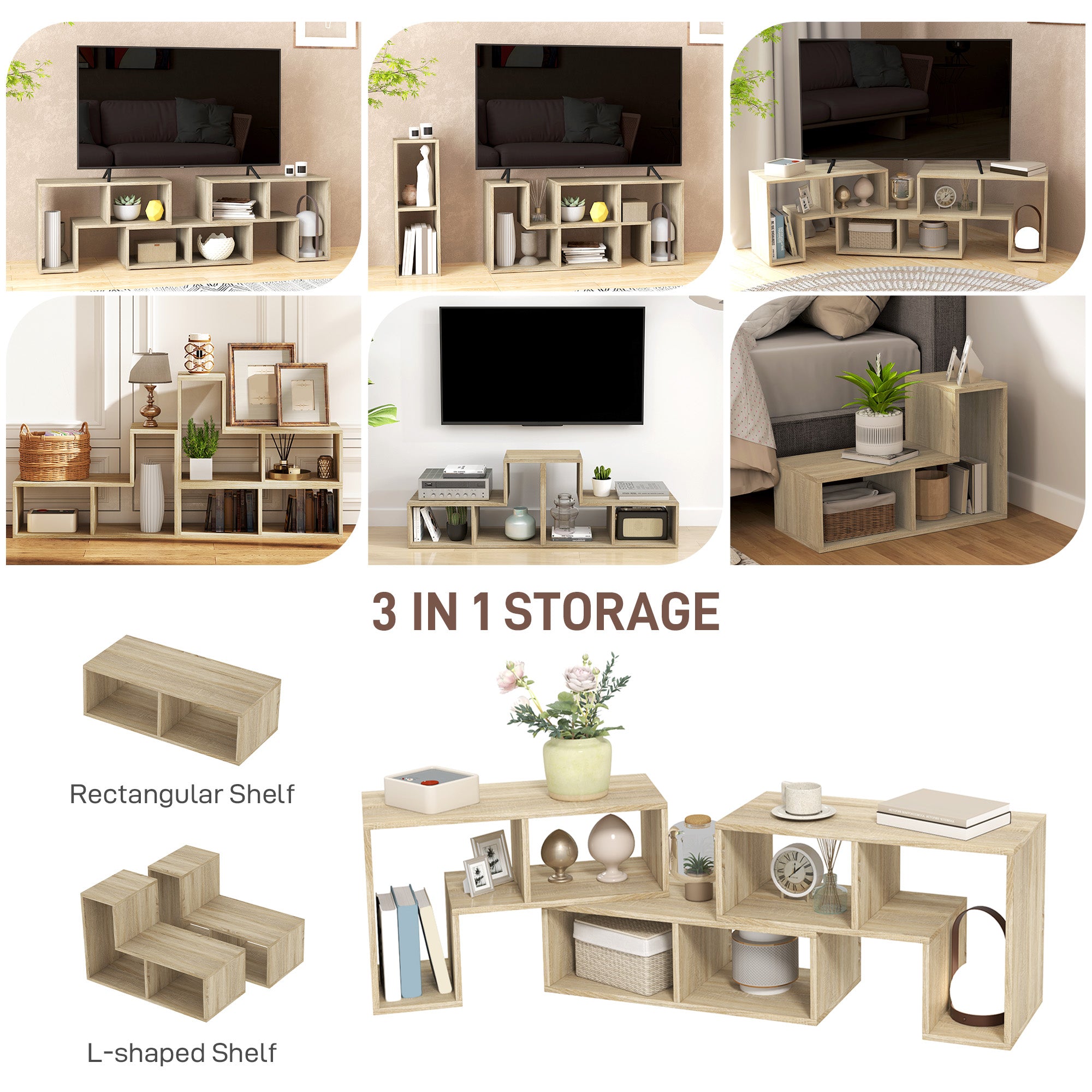 Collage of a wooden entertainment center with TV and shelves, labeled '3 IN 1 STORAGE'.