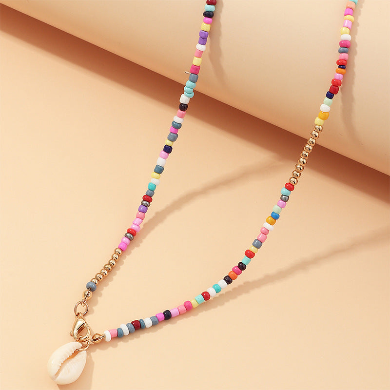 Colorful Beaded Necklace with Seashell Pendant