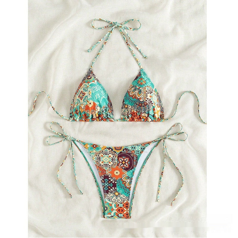 Colorful patterned bikini set on a white background