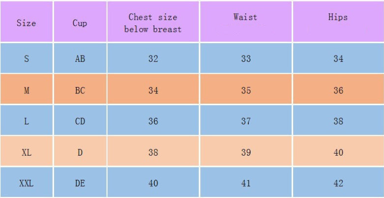 Table showing measurements for different size categories with color-coded ranges.