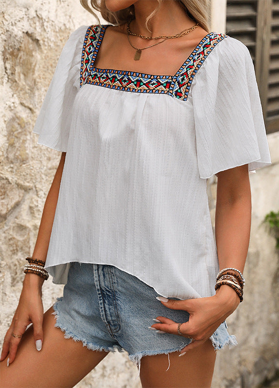Colorful Ethnic Embroidered Short Sleeve Backless Blouse Womens