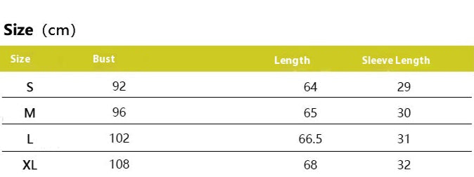 Product information sheet for a garment with size chart and specifications.
