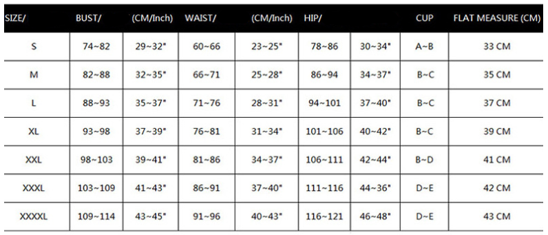 Size chart for women's clothing with measurements in centimeters and inches.