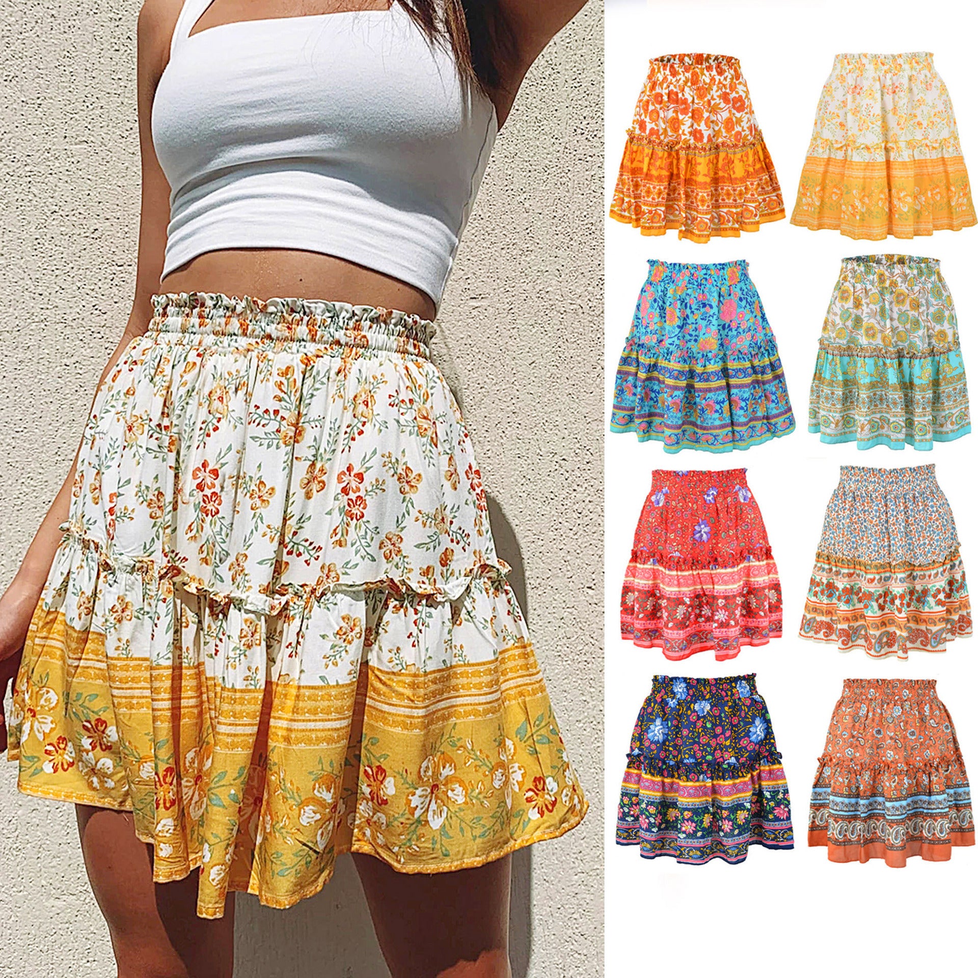 Colorful Floral Boho Mini Skirt