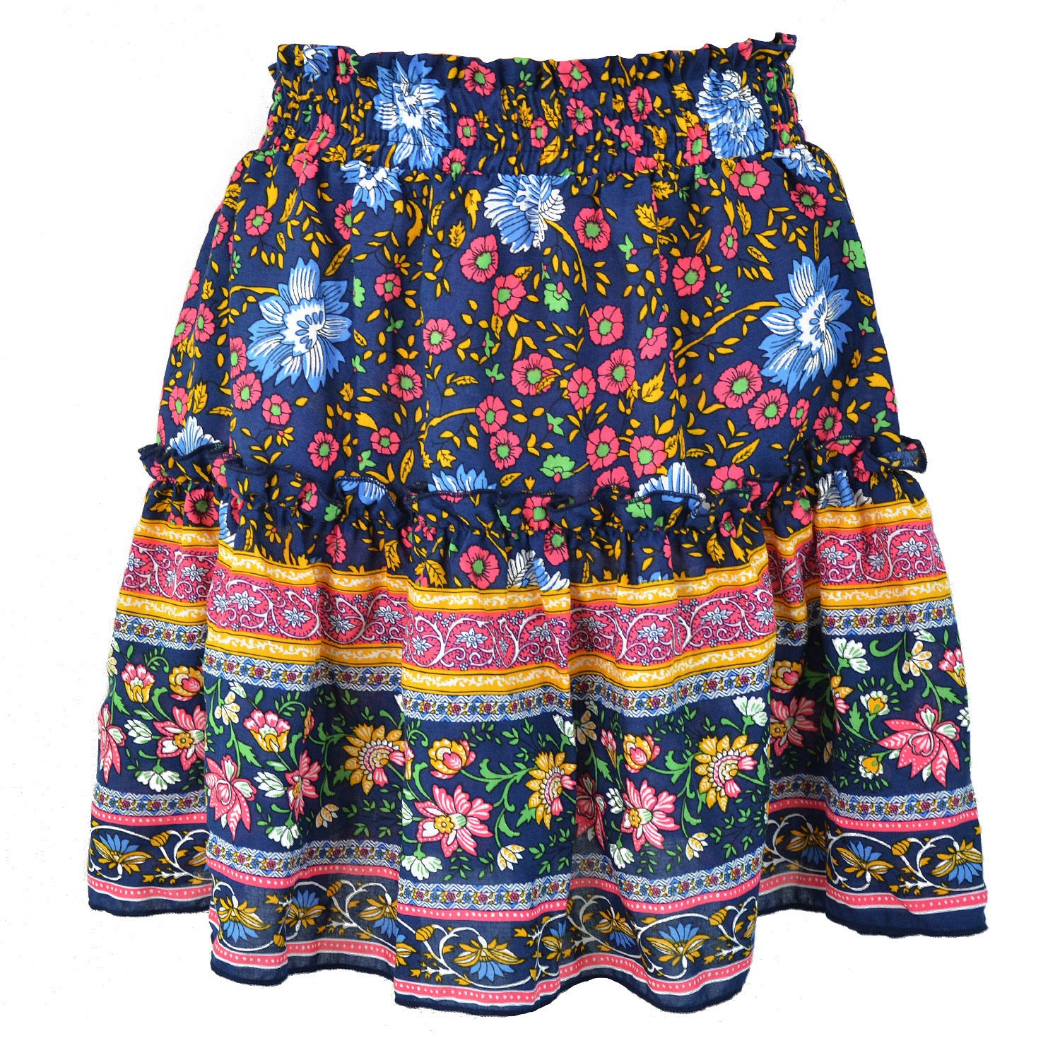 Colorful floral and patterned skirt on a white background