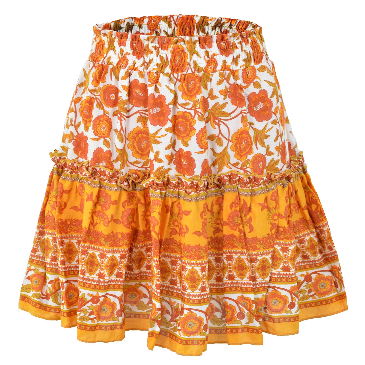 Floral tiered skirt with orange and yellow patterns on a white background