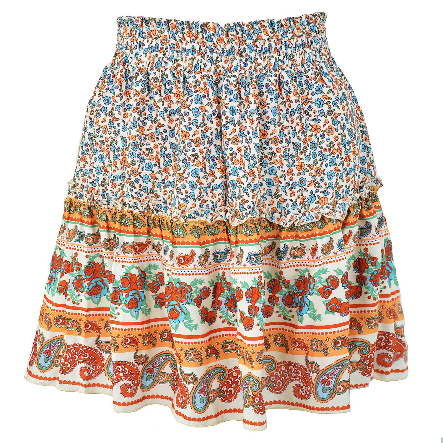 Multicolored floral and paisley patterned skirt on a white background