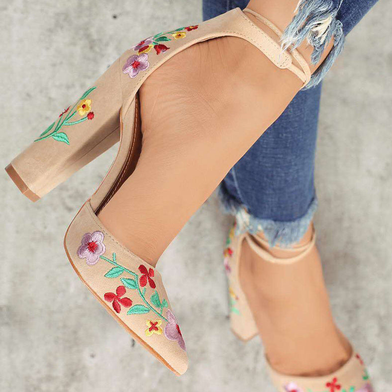 nude Colorful Floral Embroidered Heels