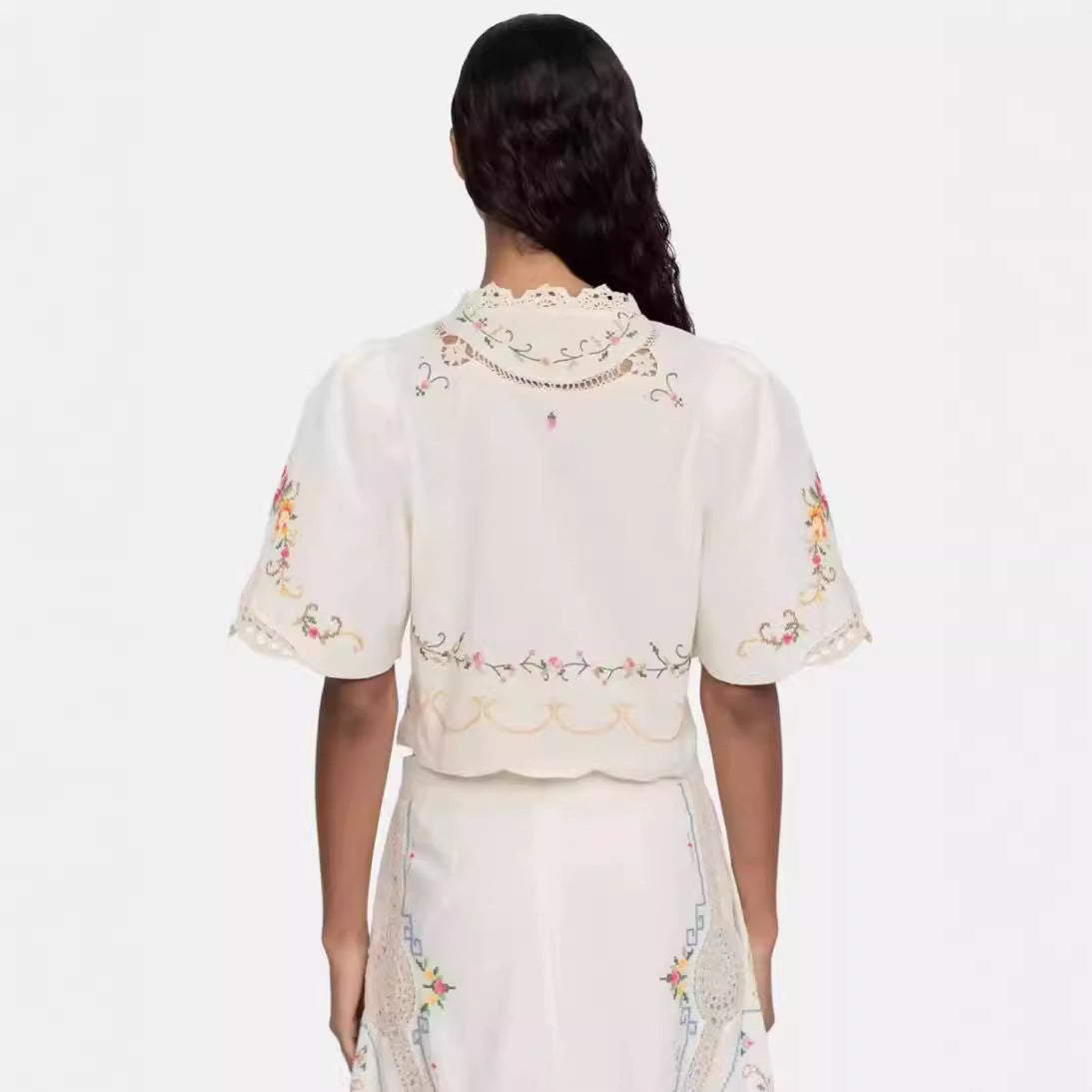 Colorful Flower Embroidery Short Sleeve White Boho Top.