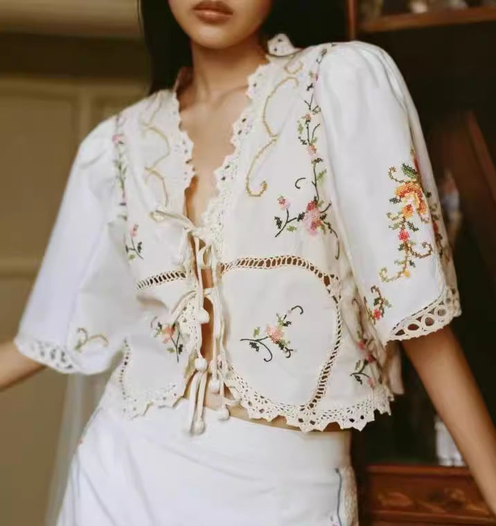 Colorful Flower Embroidery Short Sleeve White Boho Top