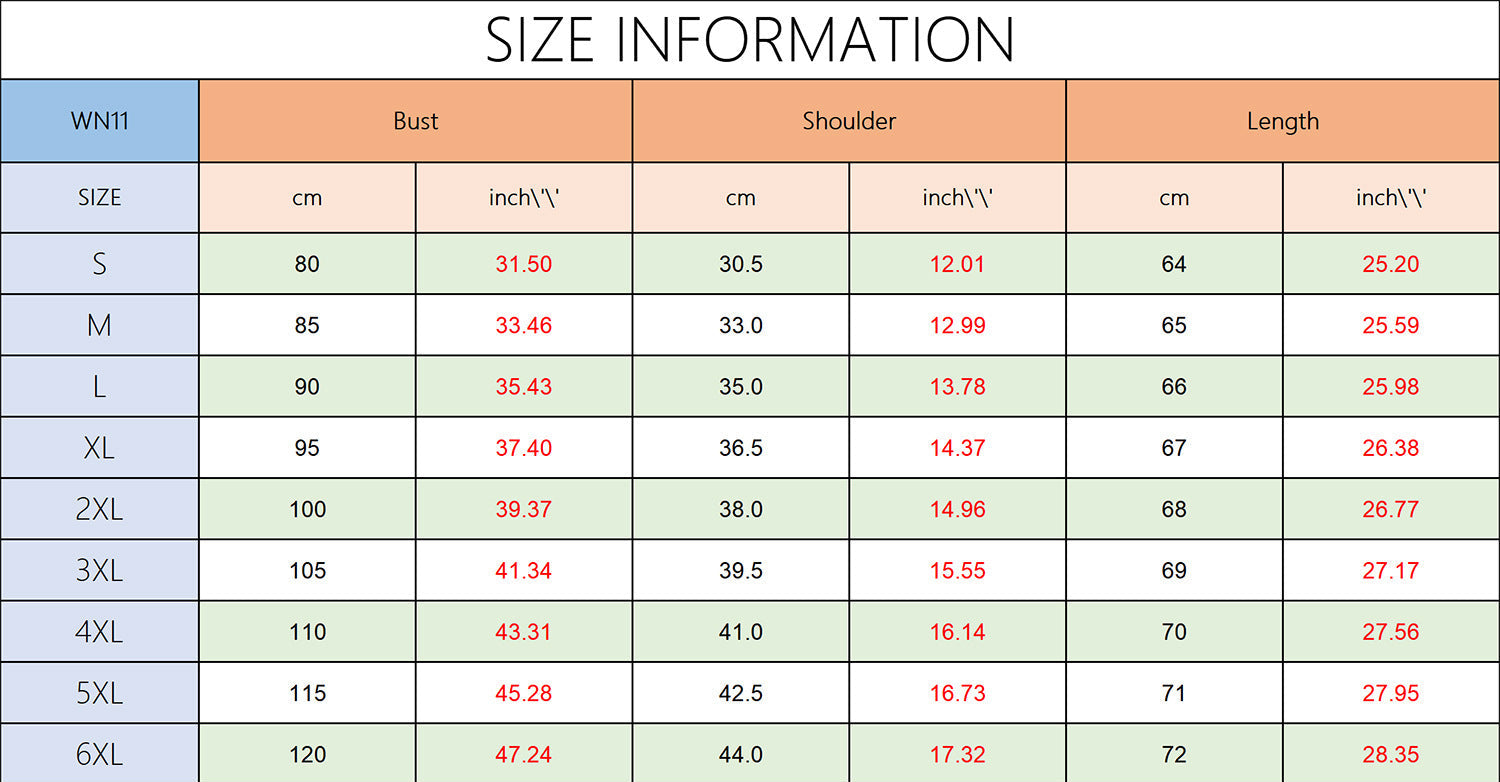 Size chart for clothing with measurements in centimeters and inches.